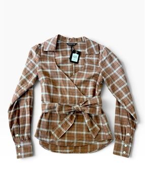 NWT Marissa Webb Mia Lightweight Flannel Wrap Top Mesa Tan Plaid Size XS
